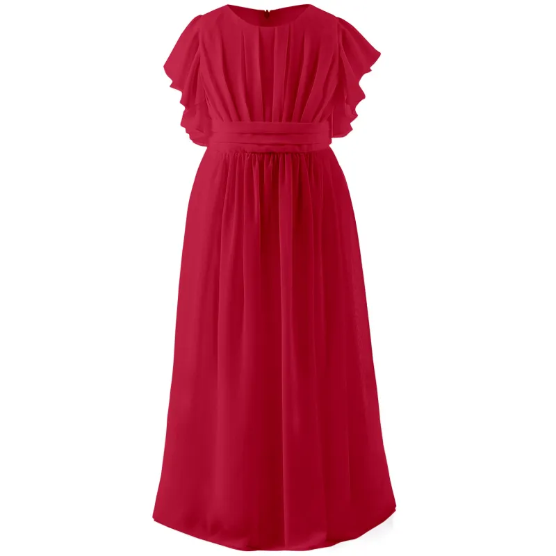 Red girls chiffon flutter sleeve dress with pleated detail and full length flowing skirt
