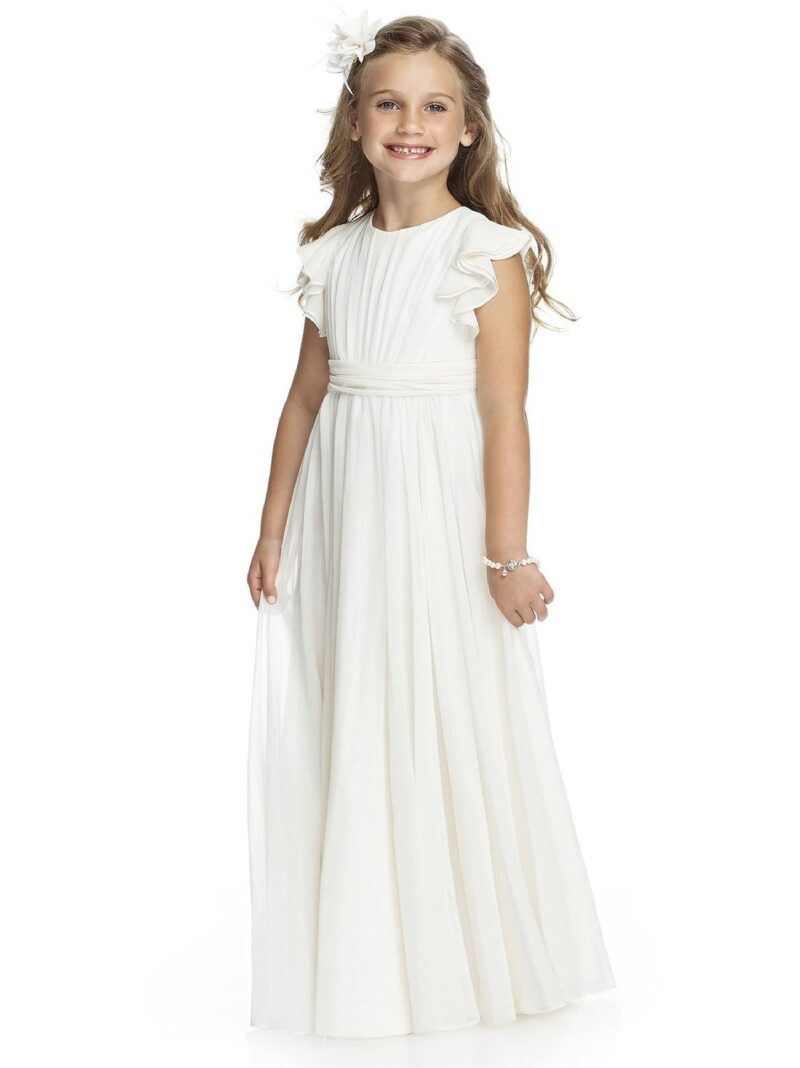 White girls chiffon flutter sleeve dress with pleated bodice and elegant floor length skirt