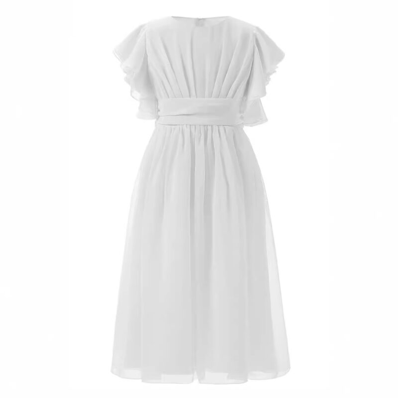 Front view of white girls chiffon dress with flutter sleeves, softly pleated bodice and flowing midi length skirt