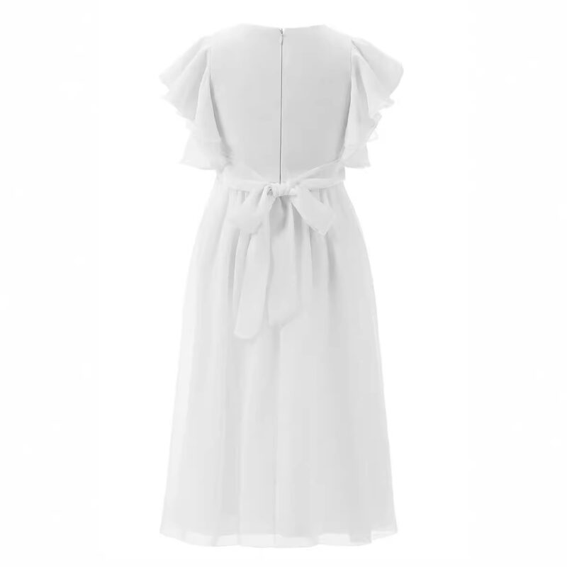 Back view of white girls chiffon dress with flutter sleeves, zip fastening and elegant gathered skirt