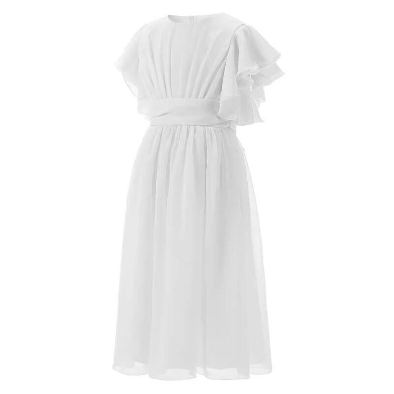 Side angle view of white girls chiffon dress with flutter sleeves, fitted waist and lightweight flowing fabric