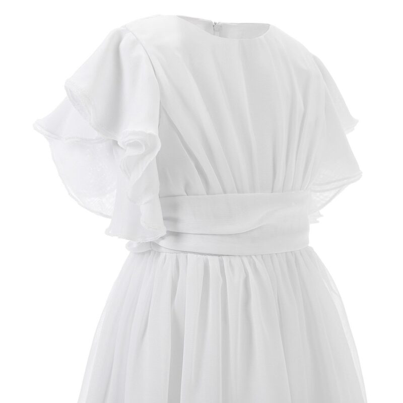Close up detail of white girls chiffon dress showing flutter sleeves, pleated bodice and waistband design