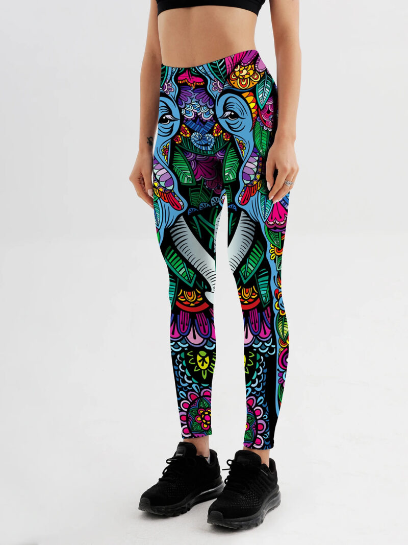 Front view of colourful elephant print leggings for women