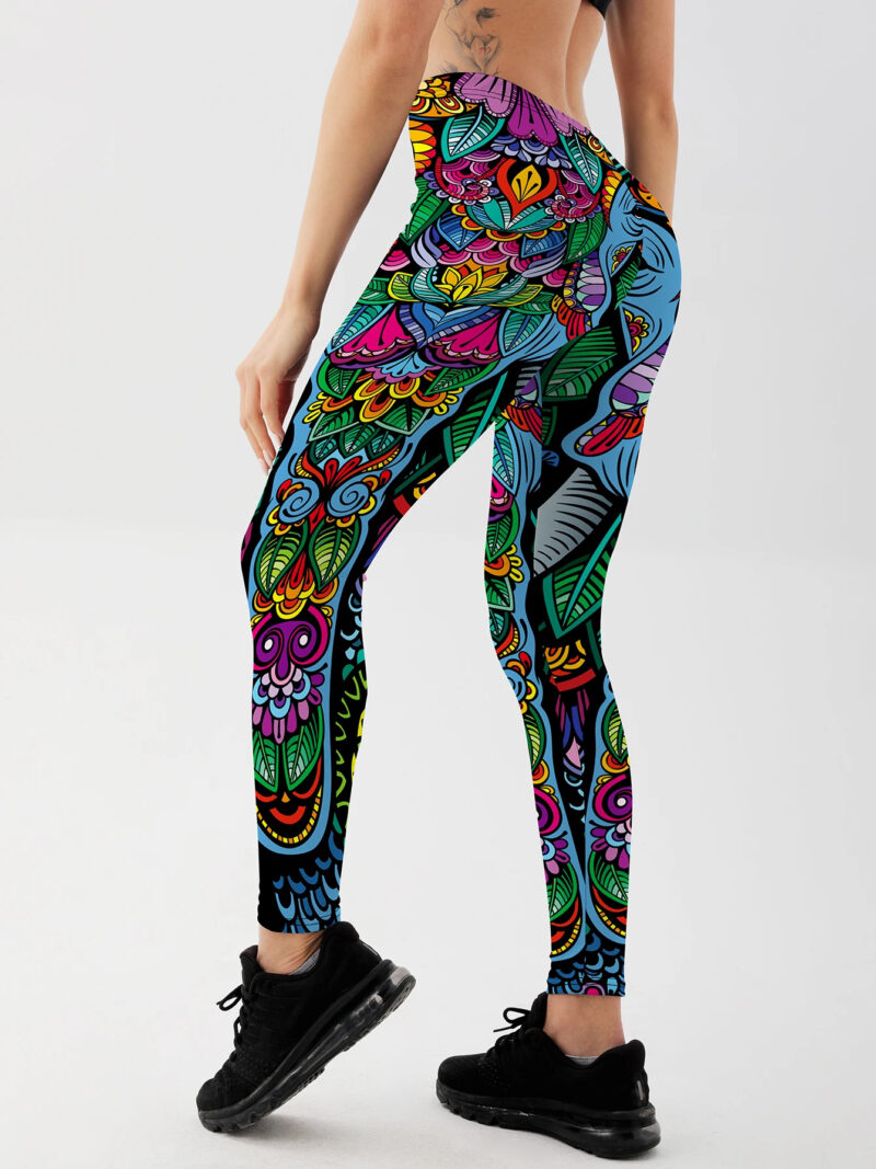Side view of colourful elephant boho leggings