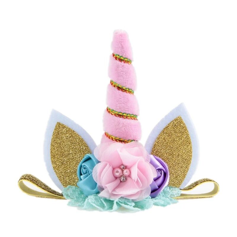Pink unicorn floral crown headband with pink horn, floral embellishments and glitter ears