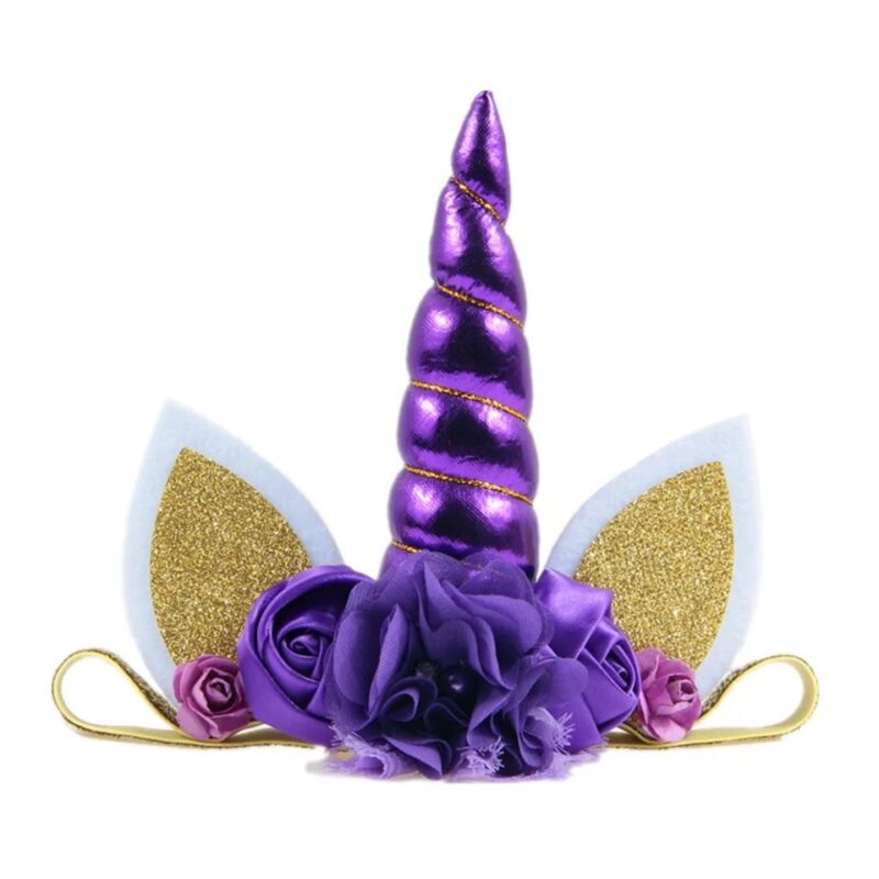 Purple unicorn floral crown headband with metallic purple horn, floral trim and glitter ears