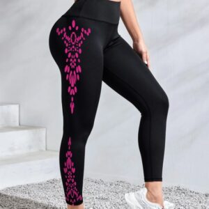 Black high waist leggings with pink ornamental side print