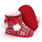 Baby Fair Isle Pom Pom Christmas booties with non slip dotted sole, knitted snowflake pattern and faux fur lining