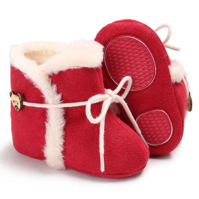 Baby Fur Trim Drawstring Christmas Boots (1) Baby fur trim Christmas boots with drawstring fastening, soft fleece lining and non slip sole