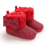 Baby ribbed knit Christmas boots with faux fur lining, decorative bow and non slip sole