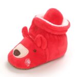 Side profile of baby red teddy bear boots with embroidered face and fleece lining