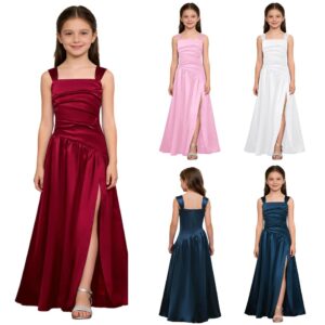 Girls satin formal occasion dress with elegant side split available in burgundy, navy blue, pink and white