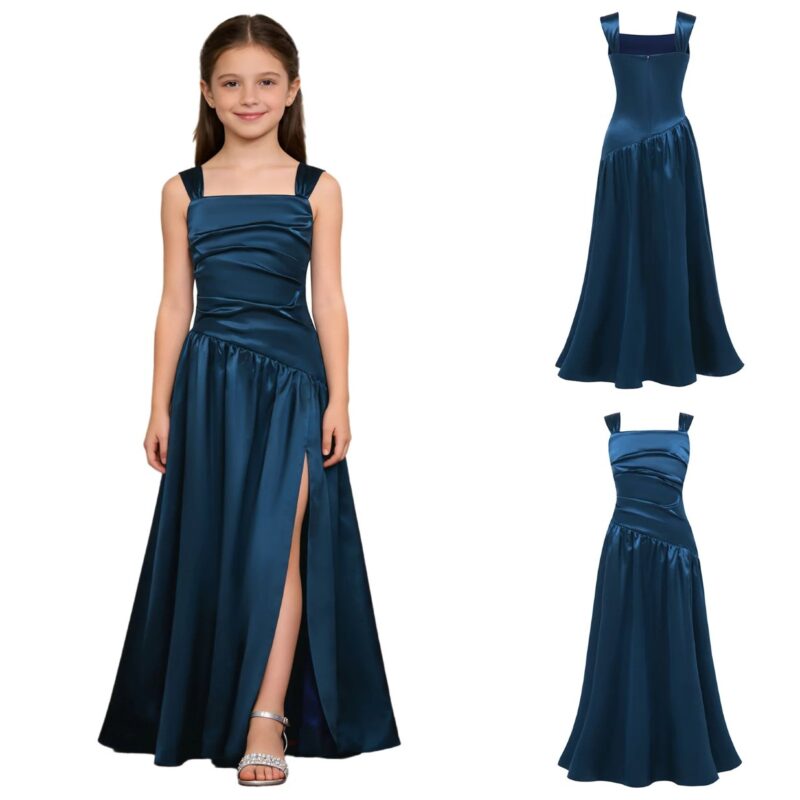 Girls navy blue satin formal occasion dress with front model view and product front and back images
