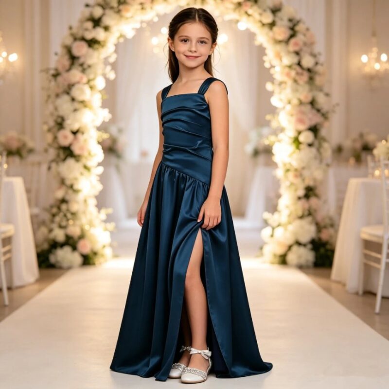 Girl wearing navy blue satin formal occasion dress at a wedding venue with elegant floral backdrop