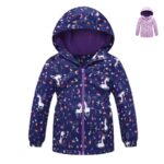 Girls waterproof hooded jacket available in navy and lilac with magical unicorn print