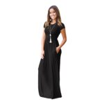 Women's black casual maxi dress with pockets model wearing full length summer dress