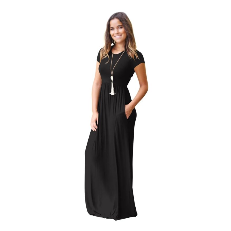 Women's black casual maxi dress with pockets model wearing full length summer dress
