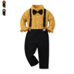 Boys Bow Tie Print Shirt and Suspenders Outfit Set Boys mustard print shirt and black trousers outfit with suspenders and bow tie for babies and toddlers