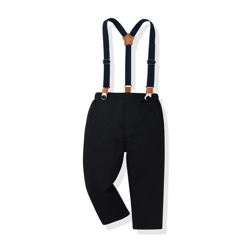 Boys black formal trousers with adjustable navy suspenders