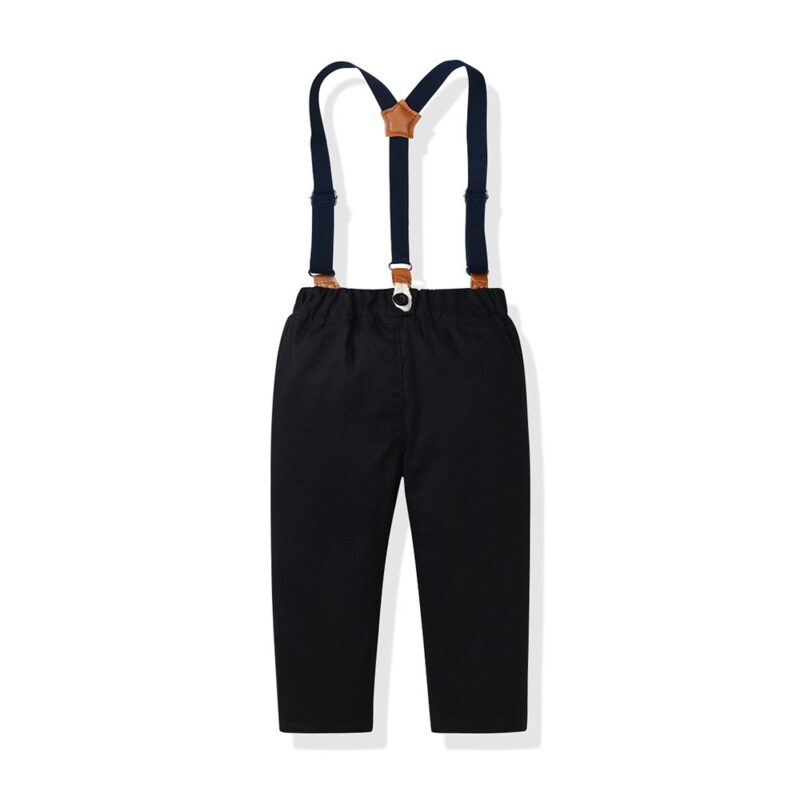 Back view of boys black trousers with adjustable suspenders