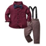 Boys burgundy shirt and black suspenders outfit set with brown trousers and navy polka dot bow tie for babies and toddlers