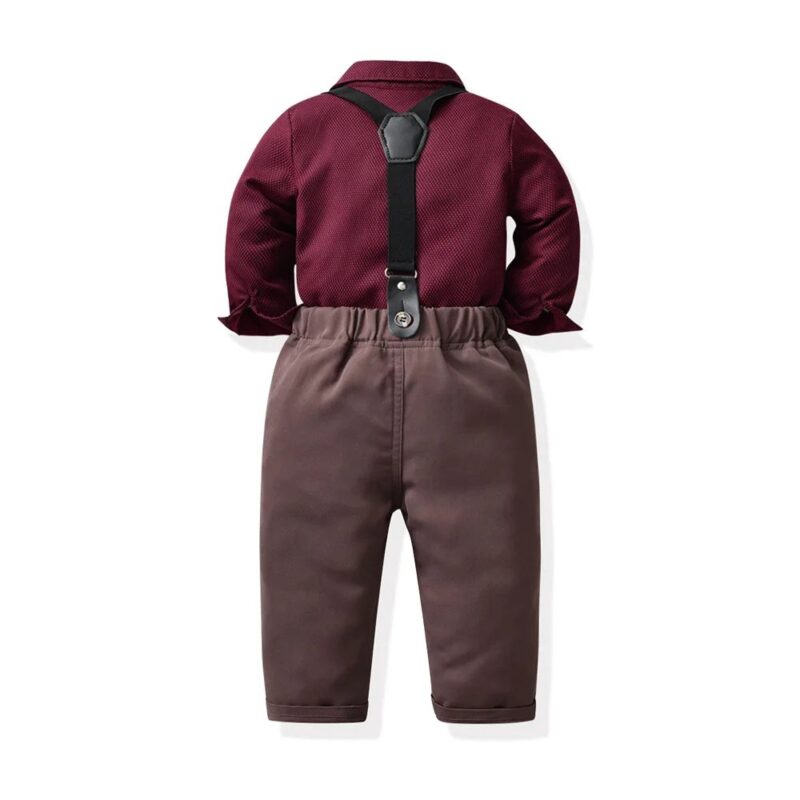 Back view of boys burgundy shirt and brown trousers with black adjustable suspenders