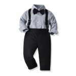 Boys grey shirt and black suspenders outfit set with black bow tie, black trousers and adjustable braces for babies and toddlers