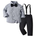Boys grey formal shirt with black bow tie, black trousers and adjustable suspenders for babies and toddlers