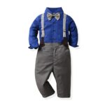 Boys royal blue shirt and suspenders outfit set with grey trousers, patterned bow tie and adjustable braces for babies and toddlers