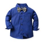 Boys royal blue long sleeve formal shirt with patterned grey bow tie