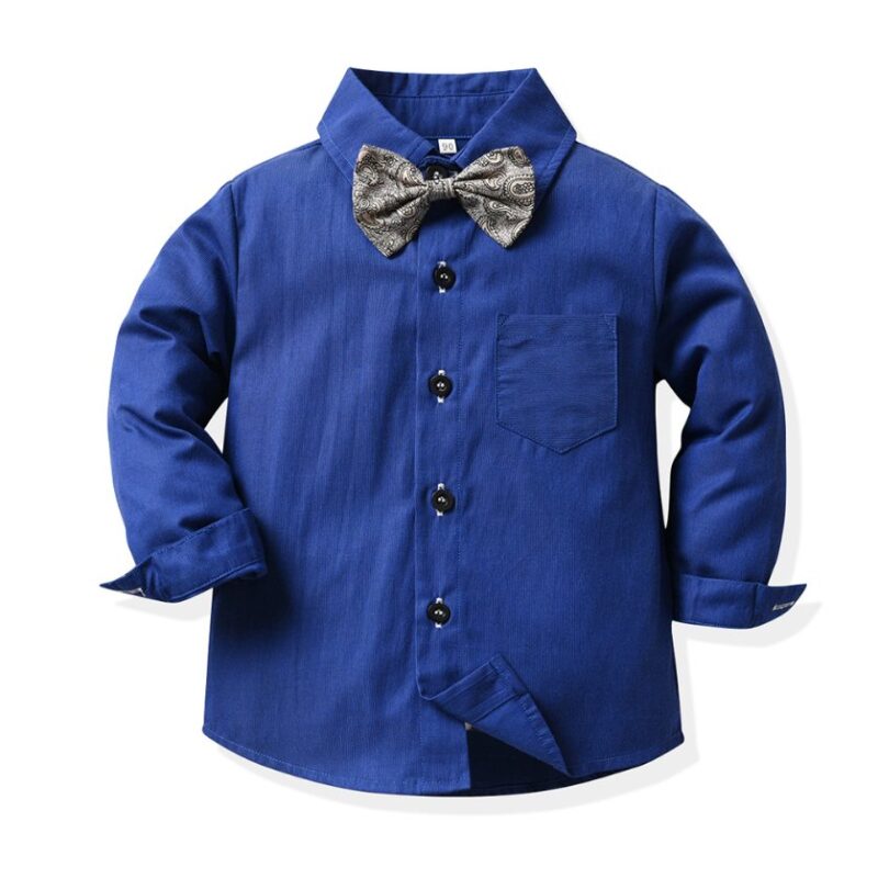 Boys royal blue long sleeve formal shirt with patterned grey bow tie