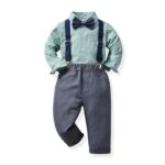 Boys sage green shirt and suspenders outfit set with navy bow tie, grey trousers and adjustable navy braces for babies and toddlers