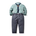 Rear view of boys sage green shirt and suspenders outfit with grey trousers and navy braces