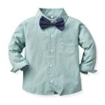 Boys sage green textured long sleeve shirt with navy polka dot bow tie and chest pocket