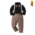 Boys black shirt and striped trousers outfit set with beige bow tie, cream suspenders and brown striped trousers for babies and toddlers