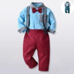 Boys Sky Blue Shirt and Suspenders Outfit Set Boys sky blue shirt and suspenders outfit set with burgundy bow tie, burgundy trousers and striped braces for babies and toddlers