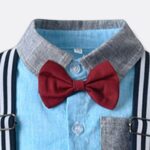 Boys Sky Blue Shirt and Suspenders Outfit Set - burgundy (3) Close up of burgundy bow tie on boys sky blue formal shirt