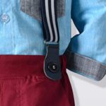 Boys Sky Blue Shirt and Suspenders Outfit Set - burgundy (4) Close up of striped suspenders attached to burgundy boys formal trousers