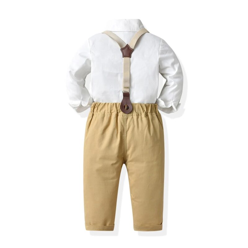 Rear view of boys white shirt and khaki suspenders outfit with adjustable cream braces