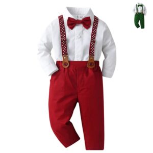 Boys white shirt and red suspenders outfit set with bow tie for babies and toddlers