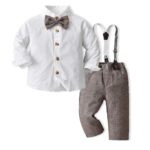 Boys White Shirt and Tweed Trousers Outfit Set 1 Boys white shirt and tweed trousers outfit set with adjustable suspenders and matching bow tie for babies and toddlers