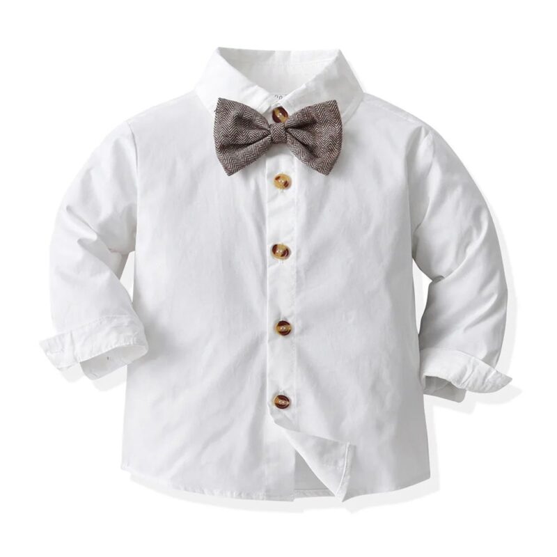 Boys white long sleeve formal shirt with matching tweed bow tie for babies and toddlers