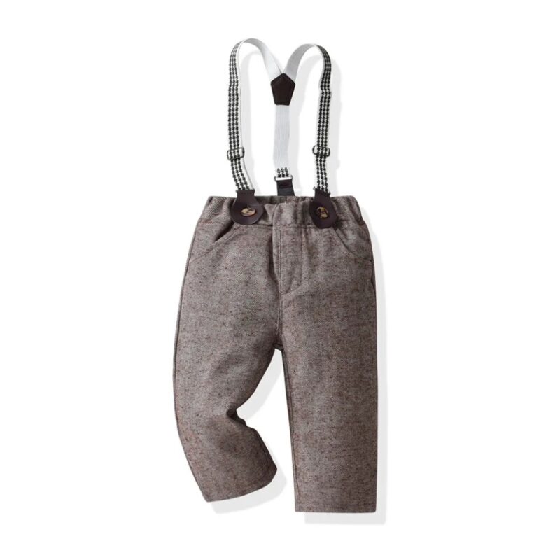 Boys brown tweed formal trousers with adjustable patterned suspenders