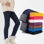 Girls classic fleece leggings with warm lining shown in navy blue alongside assorted colour options