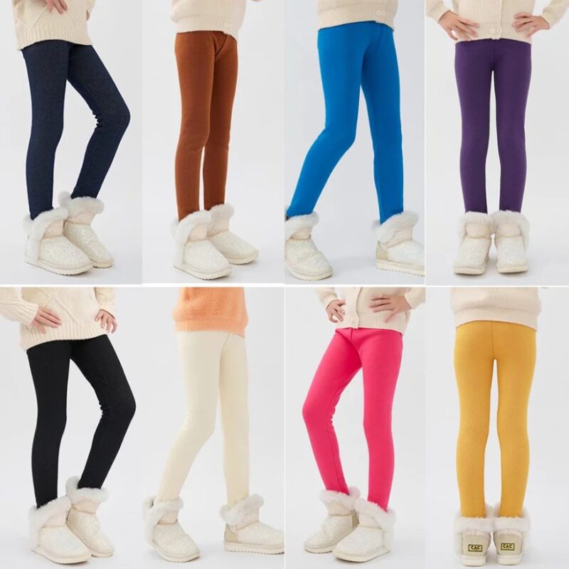 Girls warm fleece leggings shown in black, brown, blue, purple, cream, pink and yellow colour options