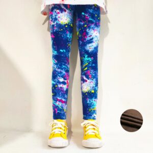 Home - Fabulous Bargains Galore Girl wearing blue graffiti splash fleece leggings with colourful pink, yellow, turquoise and white paint effect print.
