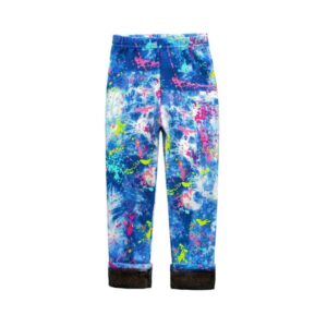 Home - Fabulous Bargains Galore Blue graffiti splash fleece leggings for girls with vibrant multicoloured paint splatter print and warm fleece lined cuffs.