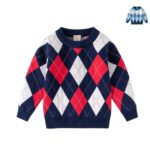 Kids Argyle Knit Jumper Kids argyle knit jumper in navy, red and white with classic diamond pattern, long sleeves and ribbed trims.