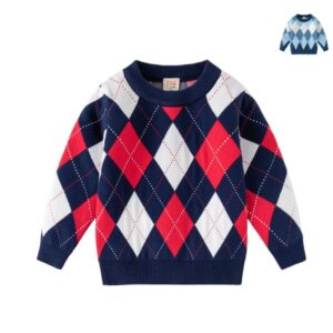 Kids argyle knit jumper in navy, red and white with classic diamond pattern, long sleeves and ribbed trims.