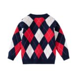 Kids Argyle Knit Jumper - red multi (2) Back view of kids argyle knit jumper with navy, red and white diamond pattern, long sleeves and ribbed trims.